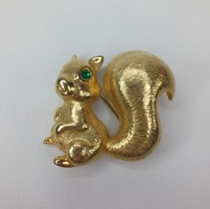 Vintage Gold Squirrel with Green Rhinestone Eyes Brooch.